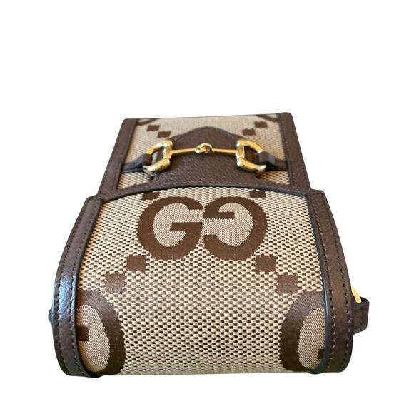 GUCCI Jumbo GG Mini Messenger Phone Bag in Logo Canvas Camel Ebony New - Picture 5 of 16